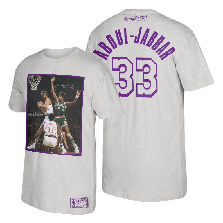 Men's Los Angeles Lakers Kareem Abdul-Jabbar #33 NBA Julius Erving Rebound 1977 All-Star Hardwood Classics White Basketball T-Shirt AOG4383IT